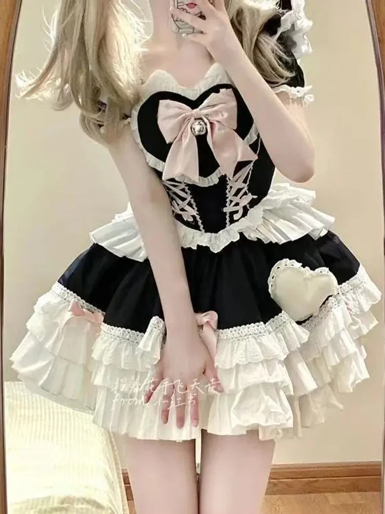 Japanese Bow Lolita Women Dress Kawaii Sweet Short Sleeved Female Cake Skirt Bandage Print Soft Girl Style Chic Mini Dress New