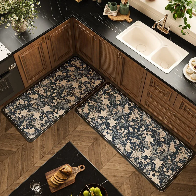 Modern Stylish Floral Pattern Rugs for Kitchen PVC Leather Floor Mat Home Decor Waterproof Oil-proof Stain-resistant Foot Mat