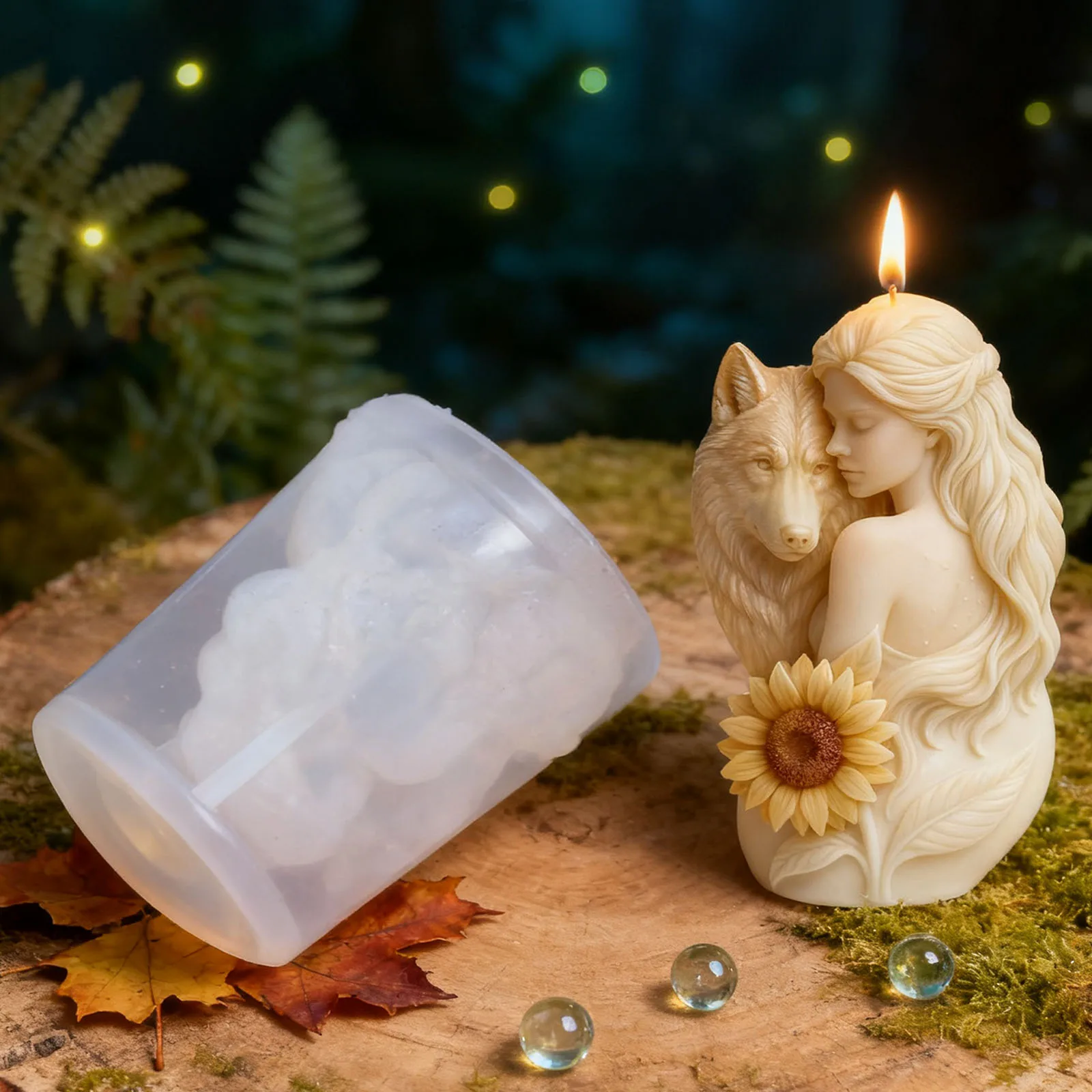 The Wolf Girl Sunflower Candle Mold is made of flexible silicone, making it easy to unmold and suitable for home décor, holiday