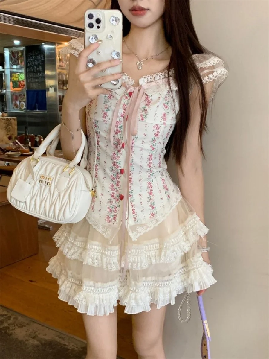 

Pastoral Pure And Erotic Style Irregular Design Top Short Puffy Skirt Women'S Summer New Sweet Style Niche Suit