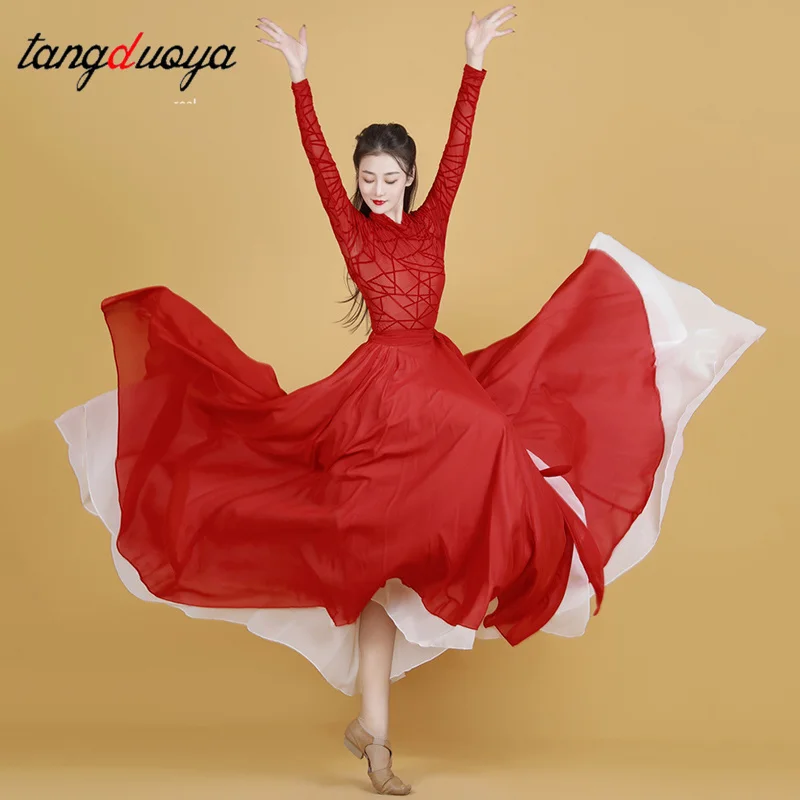 

Классический танцевальный комплект для взрослых, бальные танцы, романтическая большая распашная юбка, праздничное платье для вальса и танго для девочек, длинное платье для соревнований