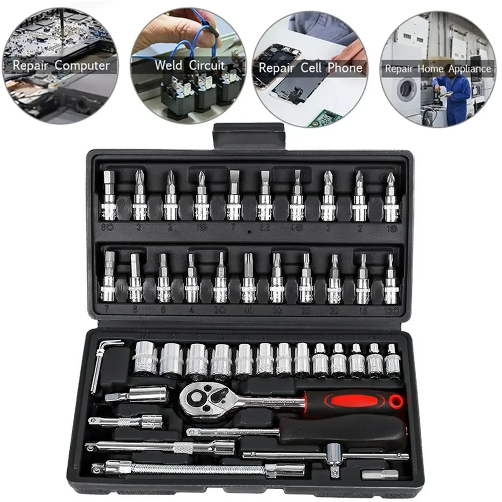 46pcs 1/4 Inch Drive Socket Set Ratchet Wrench Set Car Tool Kit, Bit Socket Wrench Set Metric Mechanic Tool Set Car accessories