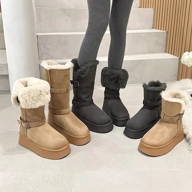 

Women's Long Tube Fleece Lined Thick Bottomed Leather Snow Boots Winter Warm Northeast Big Cotton Shoes Short Tube Polyester