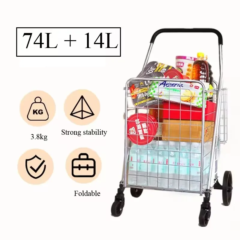 White 4 Wheels Utility Cart Large-sized Sturdy Steel Frame Folding Cart for Grocery Shopping Transporting Laundry