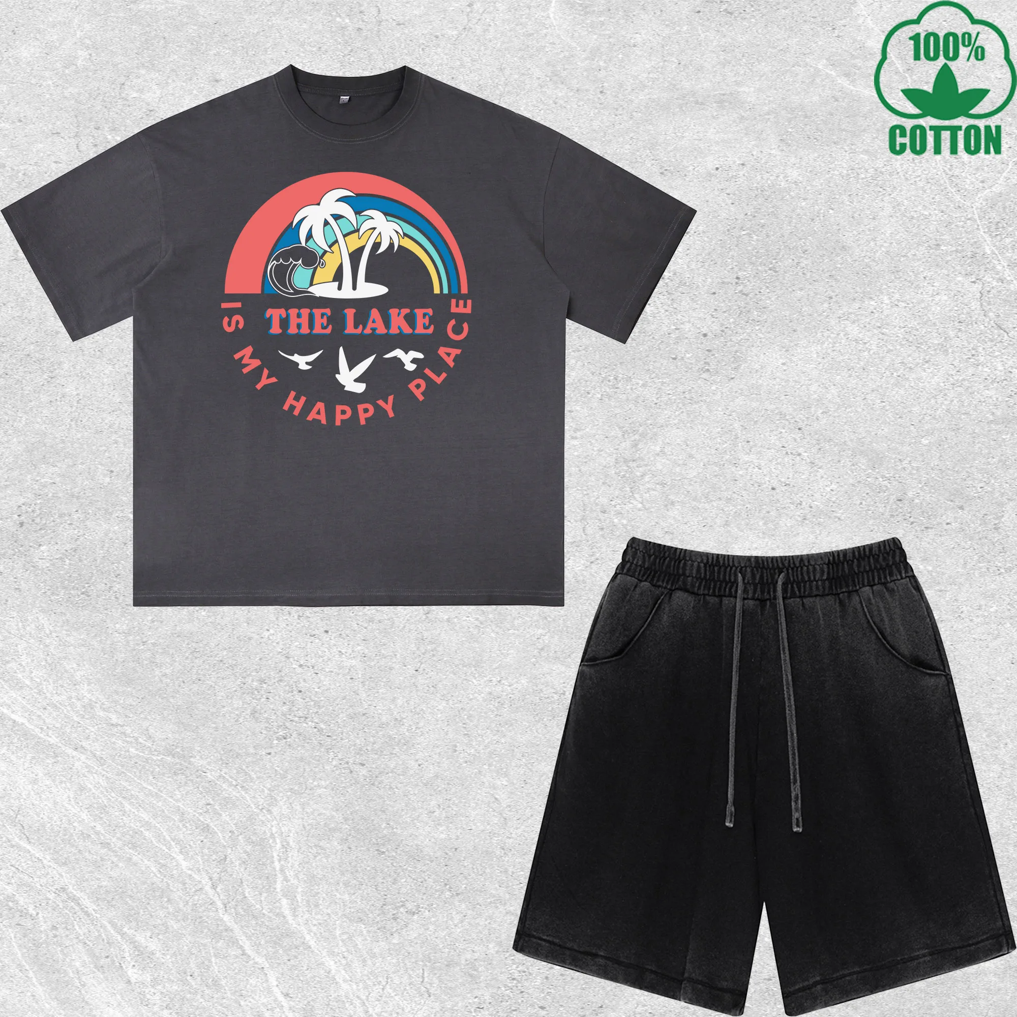 

The Beach Is My Happy Place Printed Dirty Wash T-Shirt Shorts Set Multicolor Combo Loose Trendy Fashionable 100%Cotton