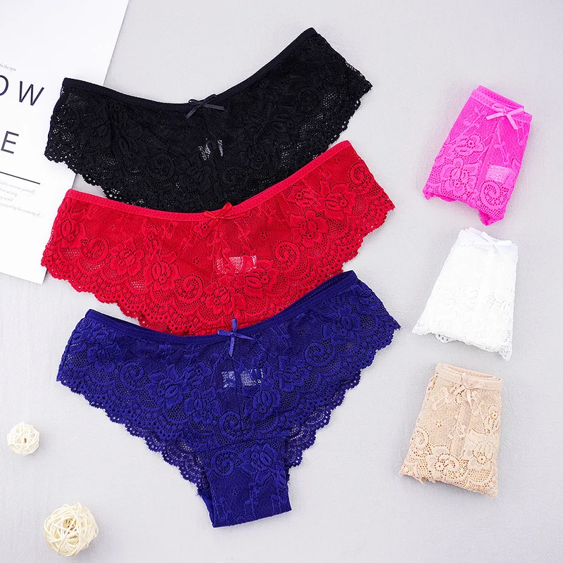 Fashion Sexy Full Lace Panties Transparent Women Briefs Female Hollow Out Low Cut Panty Breathable Bow Wholesale Underwear Thong