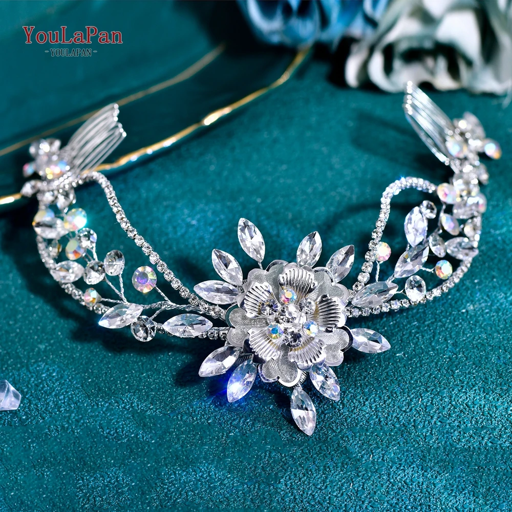 

YouLaPan Rhinestone Wedding Headband with Combs Bride Alloy Flower Tiara Woman Headpiece Bridal Headwear Party Hair Comb HP863