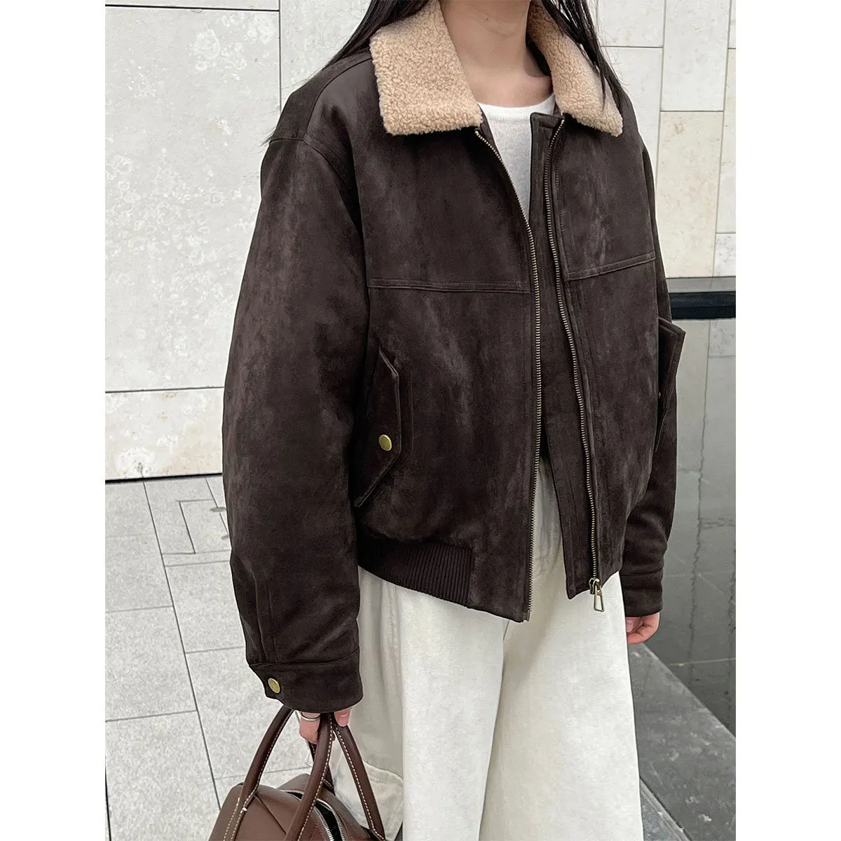 Cappotto corto patchwork con colletto in pelle scamosciata stile LIMO per donna, giacca invernale in cotone caldo