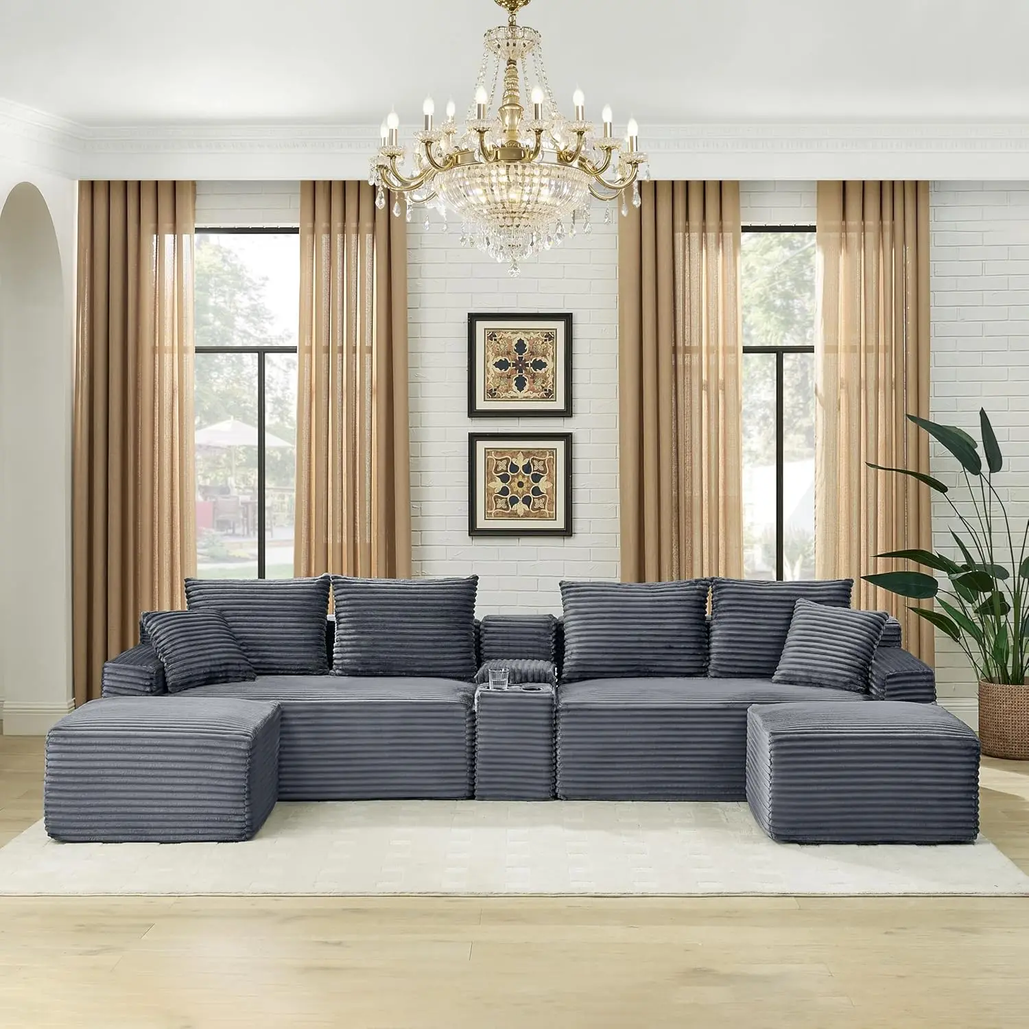 

127” U-Shaped Cloud Sectional Couch for Living Room, Modern Boneless Corduroy Sofa with Chaise ‌and Console,, Customized