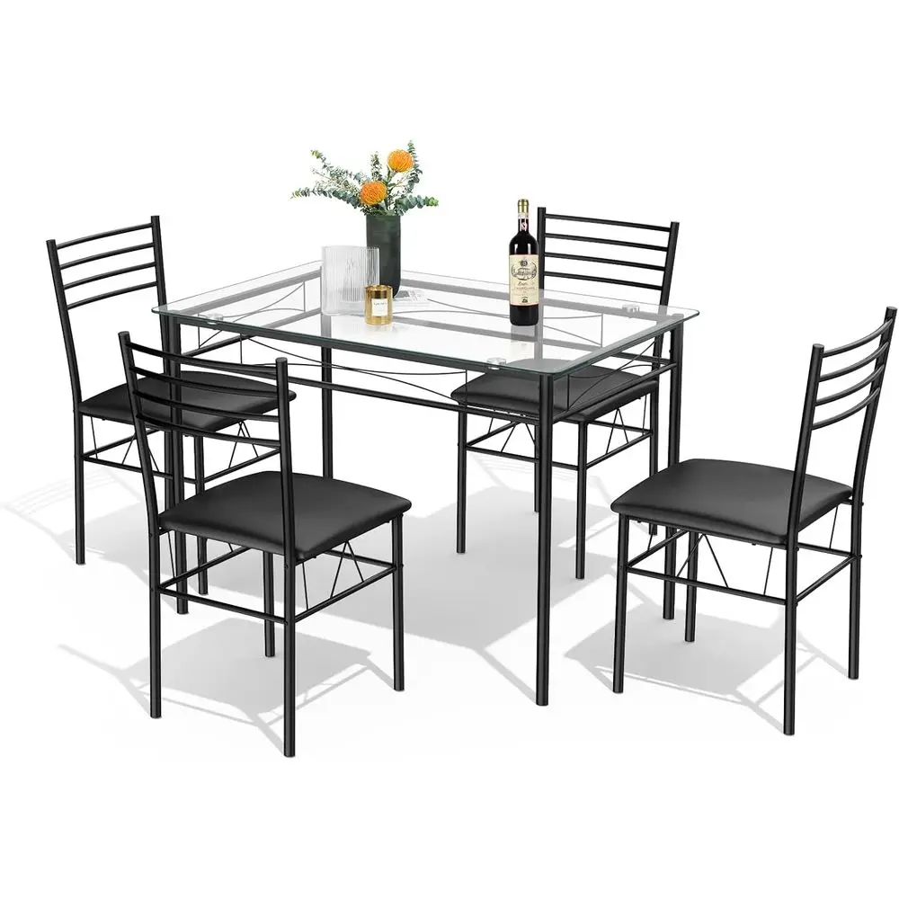 

5-Piece Tempered Glass Top Dining Set with 4 Chairs, Black Kitchen Dining Room Furniture