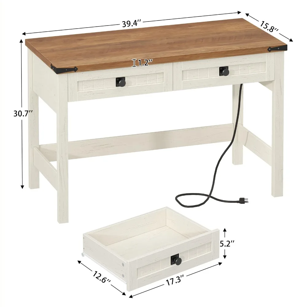 39 Inch Farmhouse Small Computer Desk with Drawers for Bedroom, Home Office