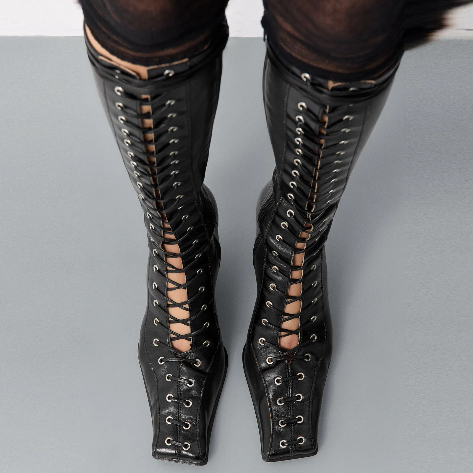 New Autumn/Winter Women MixColor Knee High Boots Square Toe Strang Heel Openwork Cross Straps Fashion Sexy Street Long Boots