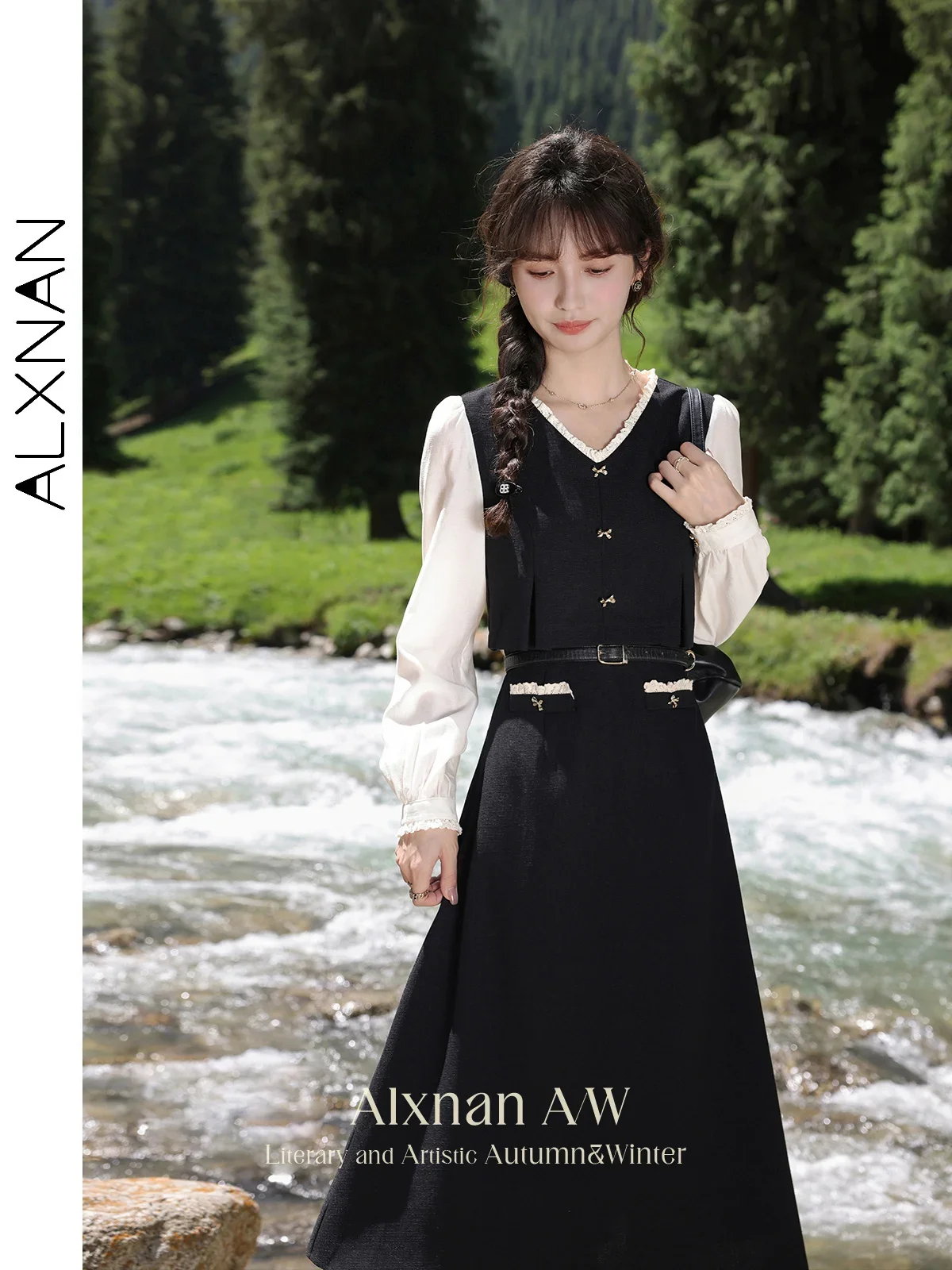 

ALXNAN Women's Autumn French Dresses Elegant Fake Two Piece V-neck A-line Patchwork High Waist 2024 New Female Clothing L39523