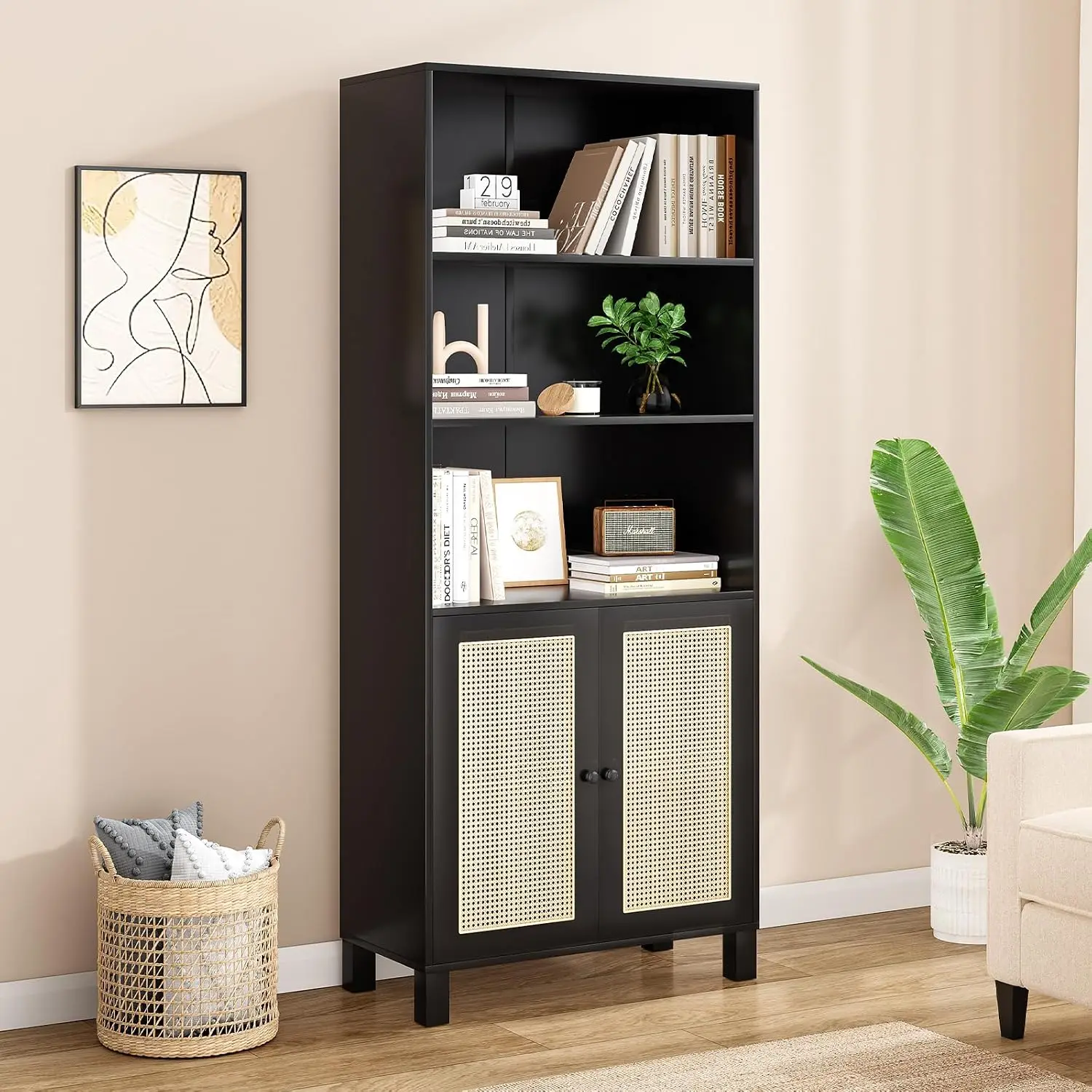 Tall Bookcase Rattan Doors 5 Tier Wood Shelves Large Bookshelf Library Living Room Bedroom Home Office Black, Customized