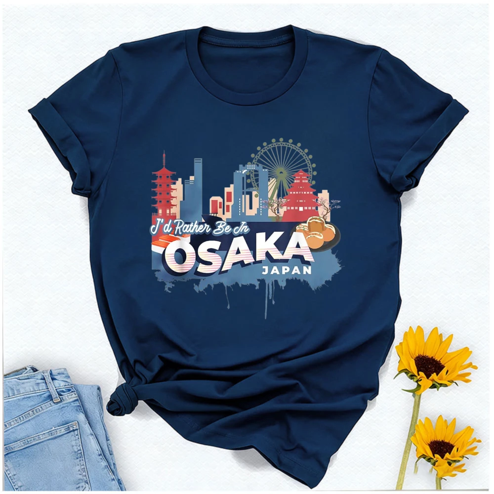 OSAKA Japan City Skyline Pagoda Ferris Wheel Watercolor Print Women Cotton T Shirt Japanese Travel Vacation Souvenir Casual Tops - view 4