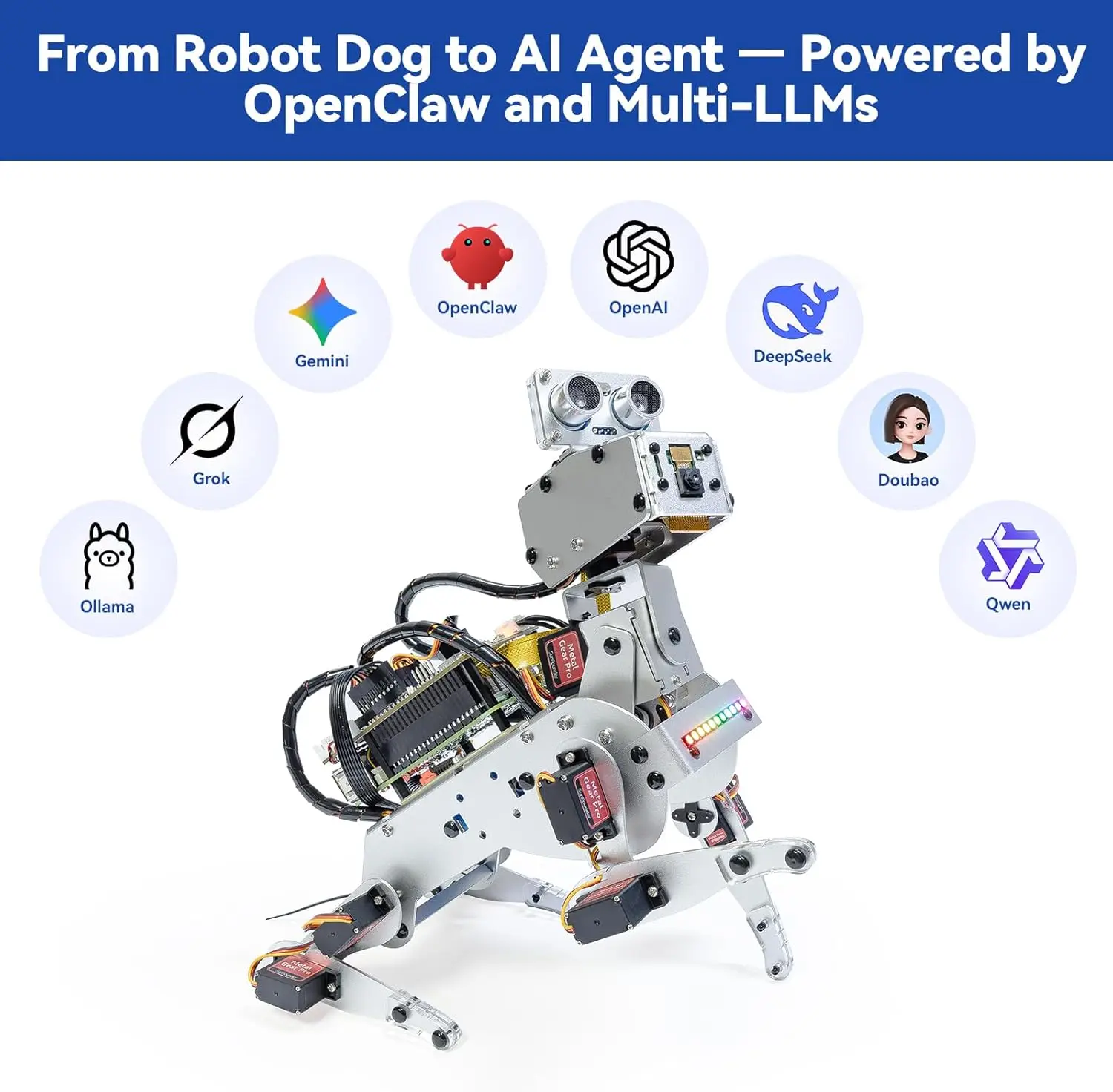 SunFounder PiDog AI Robot Dog Kit for Raspberry Pi 5/4/3B+/Zero 2W, Openclaw LLMs ChatGPT/Gemini/Grok, Python, App(No RPI)）