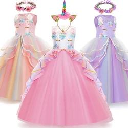 Cartoon Unicorn Dress Rainbow Print Applique Frocks Birthday Party Theme Princess Costume Sleeveless Fluffy Elegant Gown