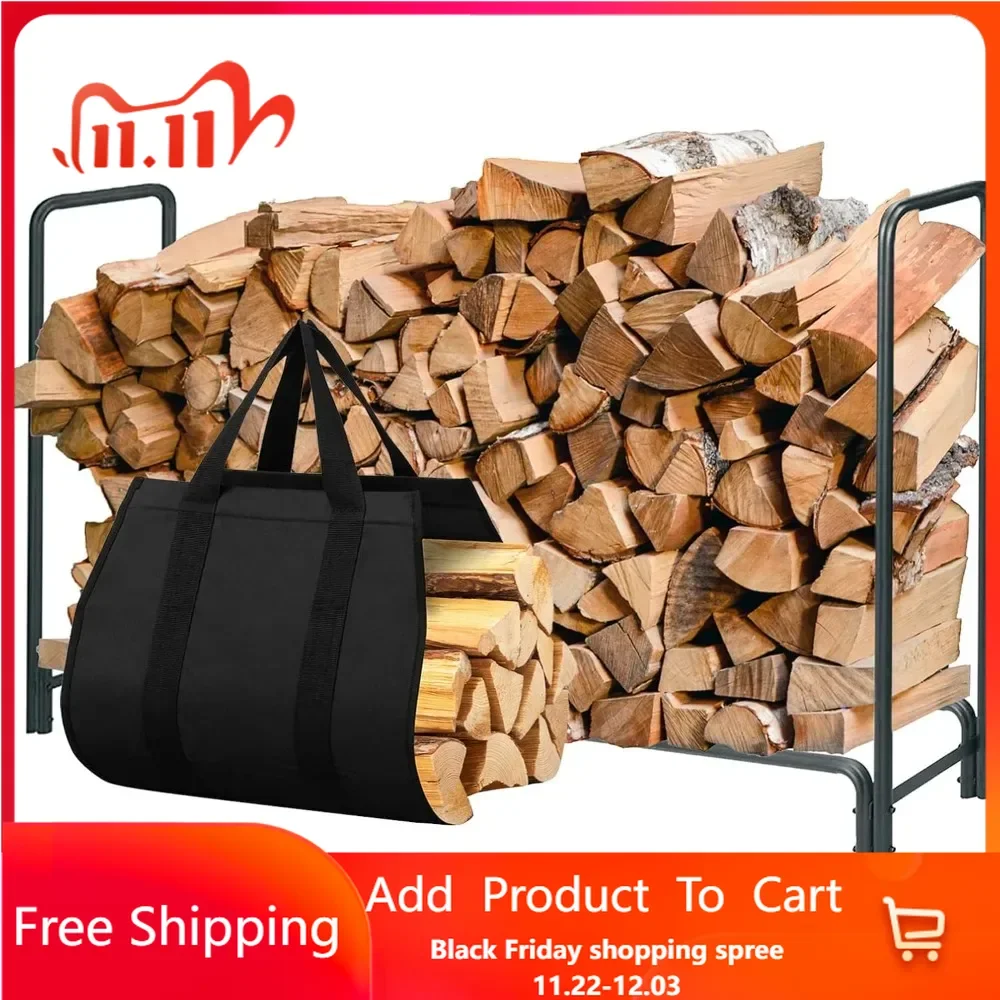 8ft Firewood Rack with Log Tote Bag, Firewood Rack Outdoor,Wood Log Rack for Patio Deck (Capacity 650 lbs)