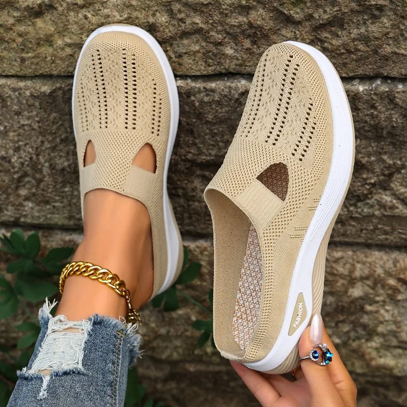 Women Slip On Mules Knit Mesh Hollow Out Breathable Wedge Thick Sole Lightweight Outdoor Daily Walking Shoes