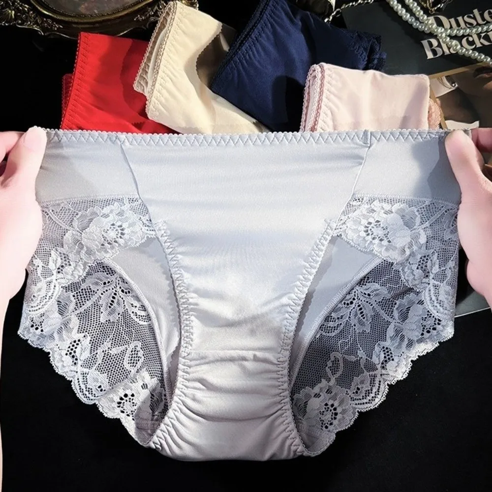 Lingerie Mid Waist Lace Panties Mesh Cotton Crotch Milk Silk Briefs Plus Size Floral Women Underwear Female