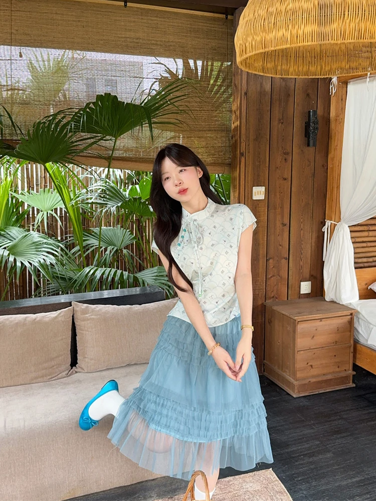 

New Chinese Style Stand Collar Short Sleeve Printed T-Shirt Lace Cake Skirt Women Summer 2026 Fashion Set Casual Adult