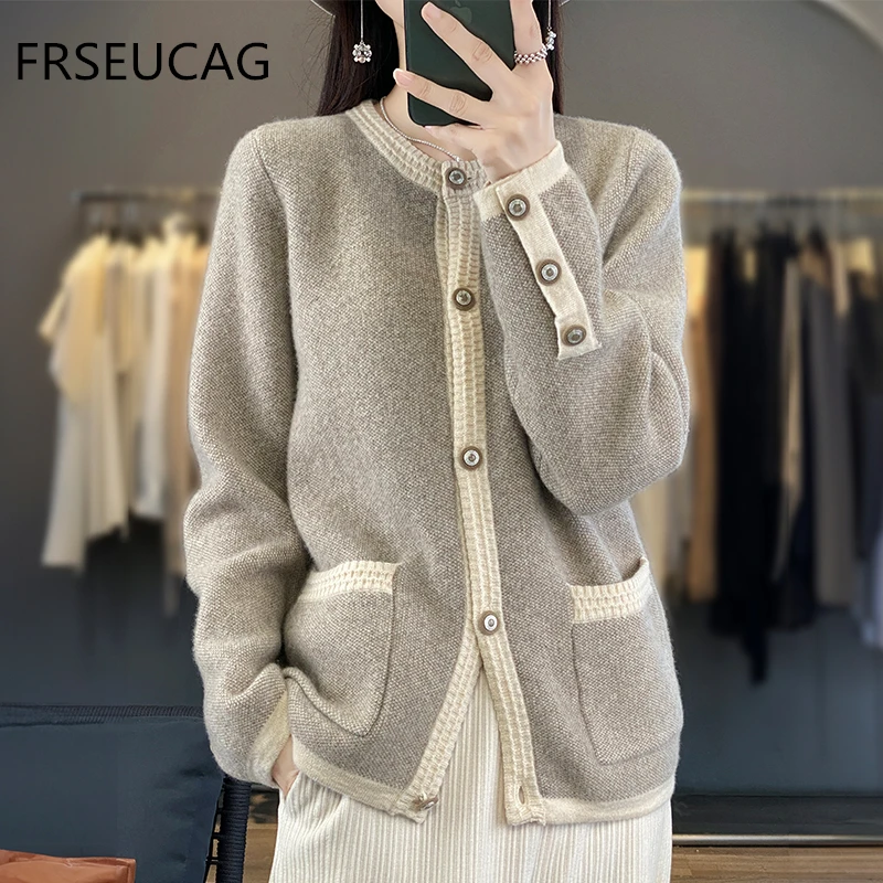 

Women's Long sleeved Cardigan 100% Pure Wool Sweater Versatile Simple Cashmere Knitted O-Neck Coat Women's New Sweater Solid