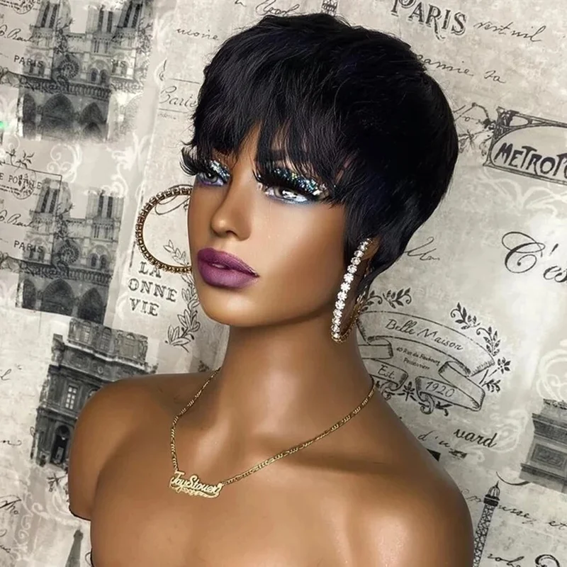 Brazilian Women Pixie Cut Wigs Black Short Straight Real  Hair Wigs No Lace