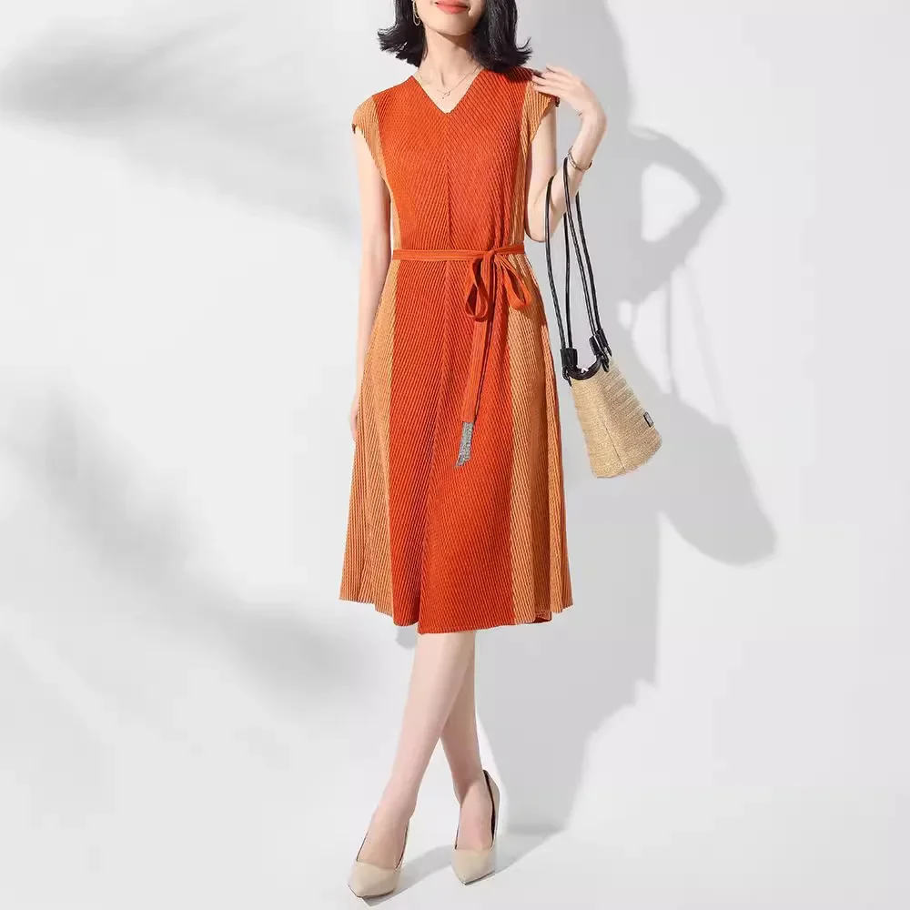 Miyake Pleated Spring and Autumn Waist Slimming Lace-up Dress Women's New Pullover V-neck Short-sleeved Elegant Mid-length Skirt