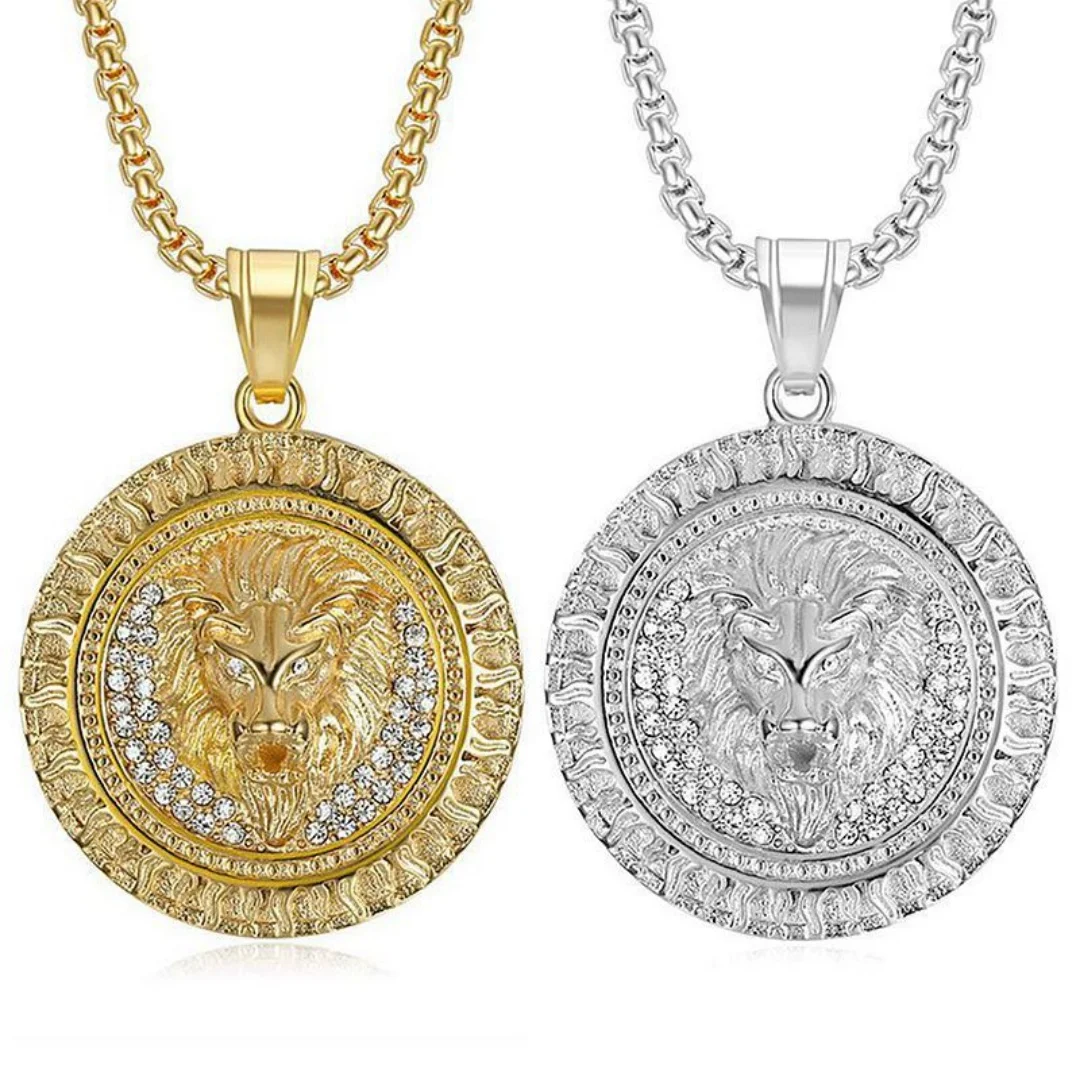 

Punk Iced Out Bling Animal Lion Head Pendant Gold Silver Color Stainless Steel Zirconia Round Necklace for Woman Man Jewelry