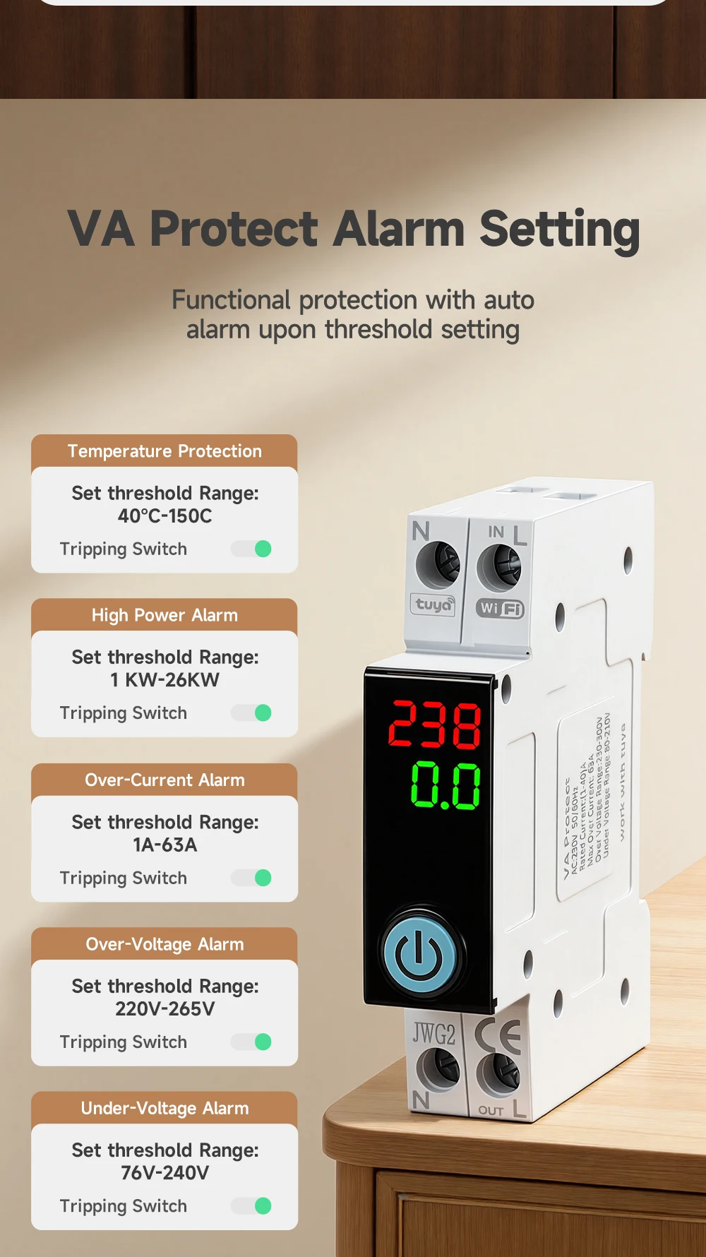 Tuya WiFi DIN-Schienen-Smart-Leistungsschalter 1P+N 63A mit Digitalanzeige, Energiezähler, Spannungs- und Stromschutz, Fernschalter – Detail 4