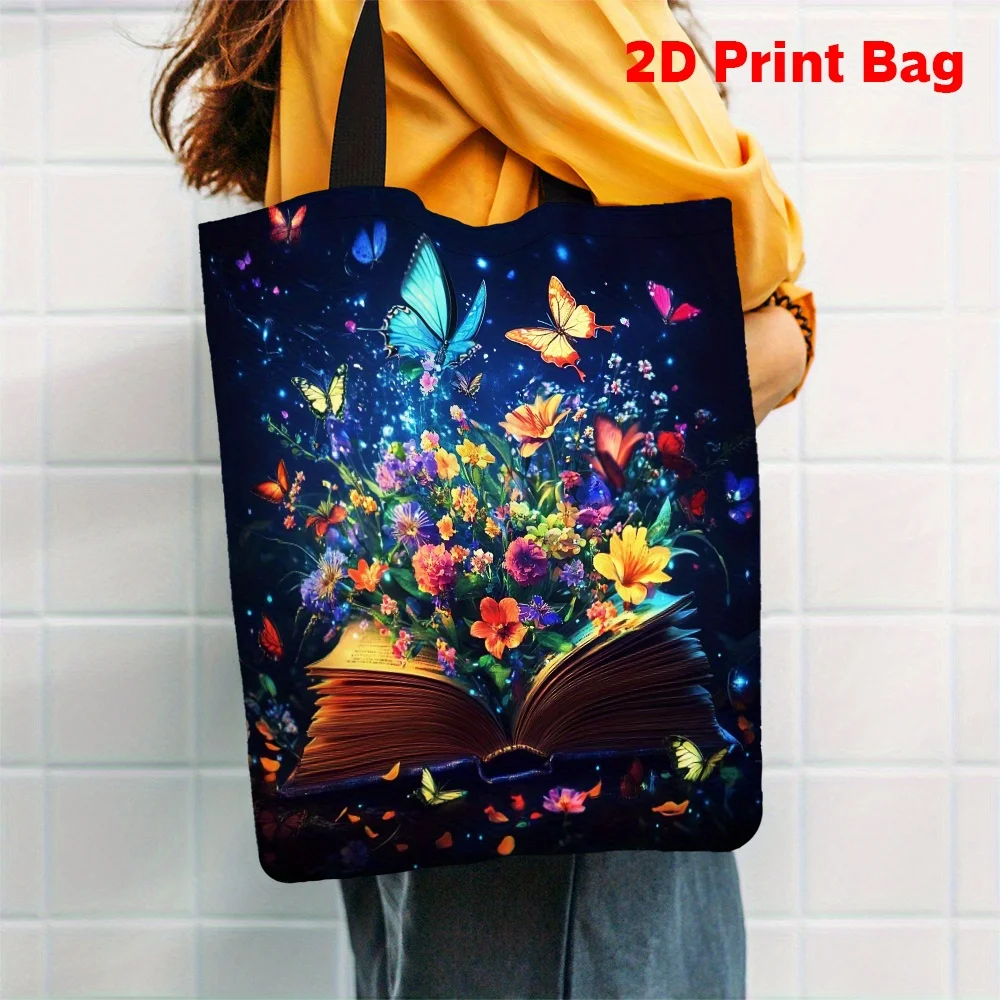 1pc Magic Book Garden Tote Bag 2D Printed Book Page Floral Butterfly Design Lightweight Casual Unisex Shoulder Bag for Daily