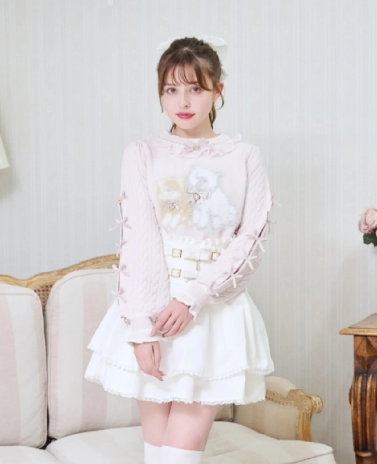 سترة Liz لخريف 2025 سترة جديدة على الطراز الياباني للفتيات الجميلات لوليتا كات منفوش ناعم وردي متماسك بلوفر ربيعي نسائي بقصة ضيقة