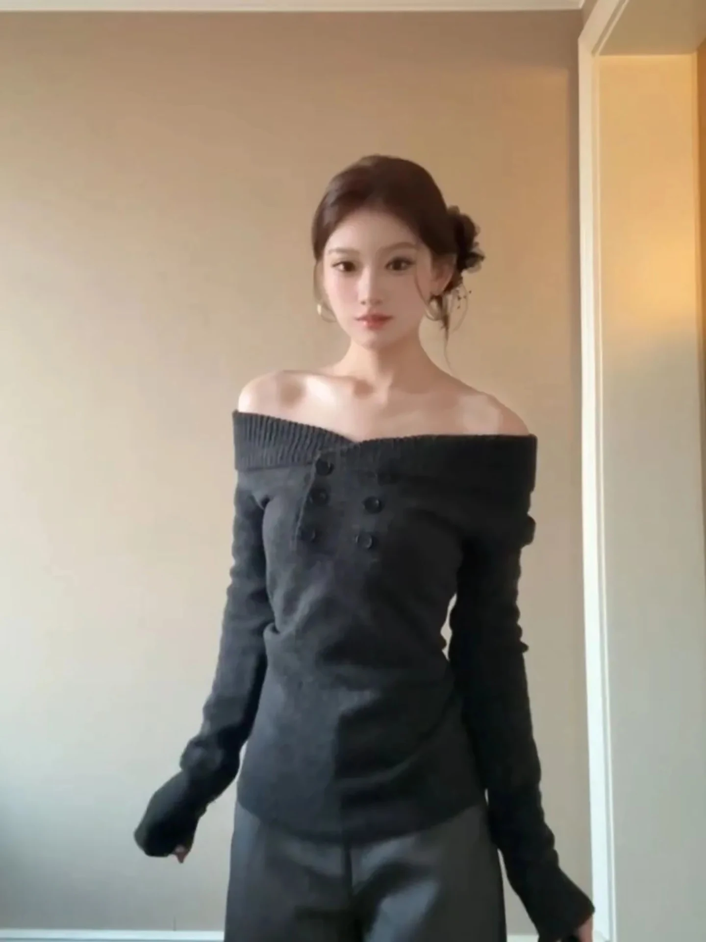 سترة نسائية محبوكة كسولة على الكتف ذات لون ناعم ومريح كوري شتوي أنيق طويل Sve irt للتنقل في الكلية... #4