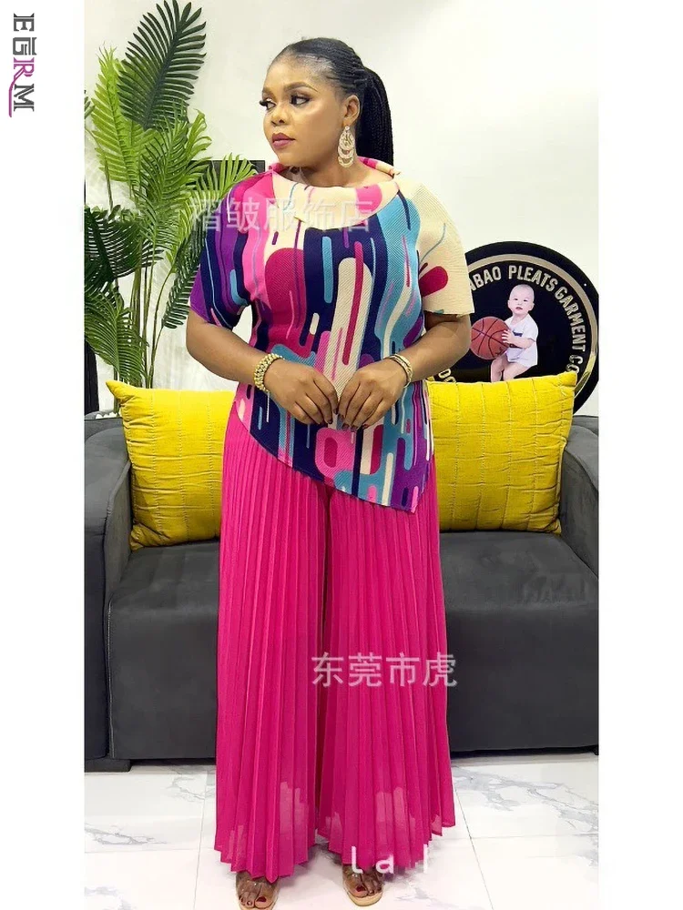 EGRM Fashion Printed Miyake Pleated 2 Piece Set Women Contrast Color Tops + Wide Leg Trousers Elegant 2024 New Clothing 32R3709