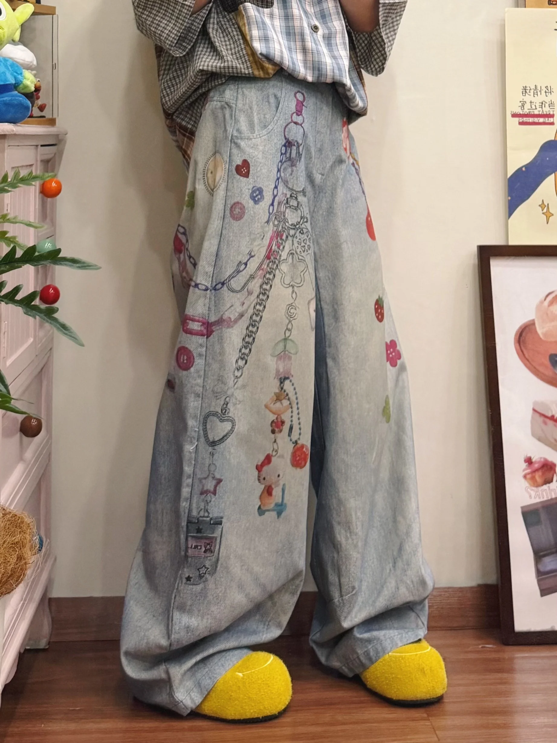 

Джинсы BIBULU с граффити-принтом, с высокой талией, свободные, широкие, женские, весенняя новинка, износостойкая тонкая джинсовая ткань, на пуговицах