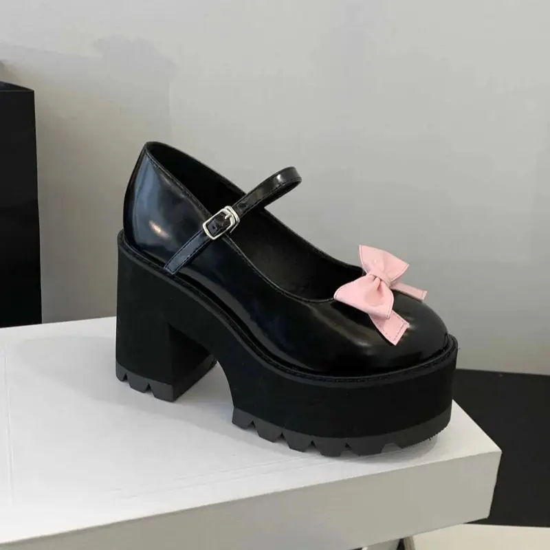 

Черные женские туфли на высоком каблуке с круглым носком и бантом, туфли Лолиты, летние туфли на массивной платформе, модные женские туфли-лодочки Talons Femme