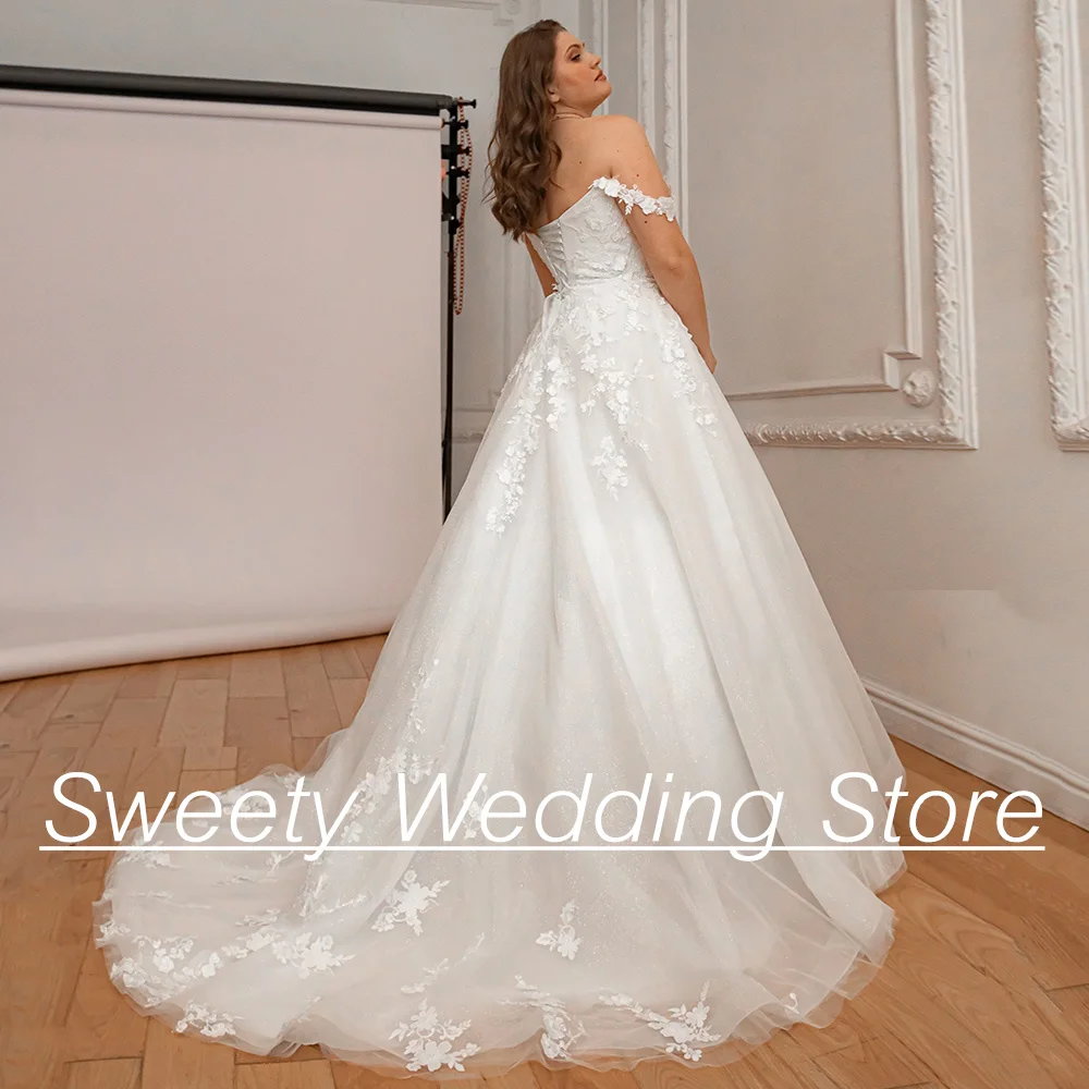 Ivory Wedding Dress Plus Size Elegant Off The Shoulder Boat Neck Applique Sweep Train A Line Glitter Tulle Woman Bridal Gown