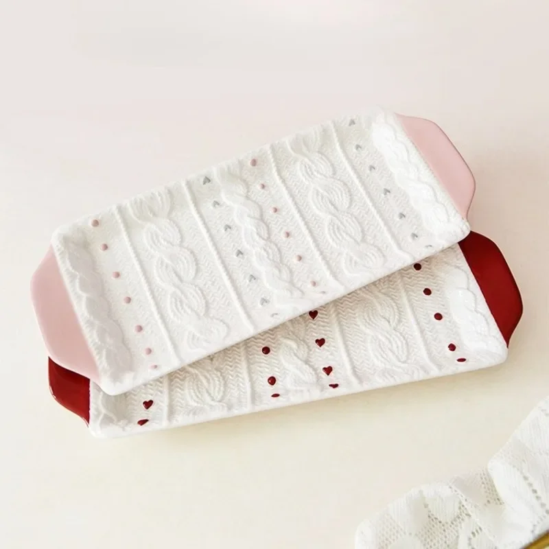 Creative Knitted Sweater Pattern Rectangular Ceramic Plate Handle Fish Plate Ceramic Tableware Kitchen Western-style Flat Dish