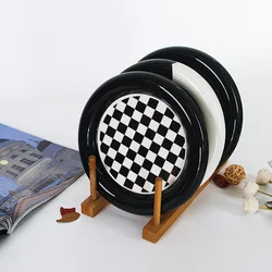 Black White Colour Scheme Checkerboard Grid Jewellery Storage Tray Dinner Breakfast Plate Dessert Cake Dish Home Decoration Tray