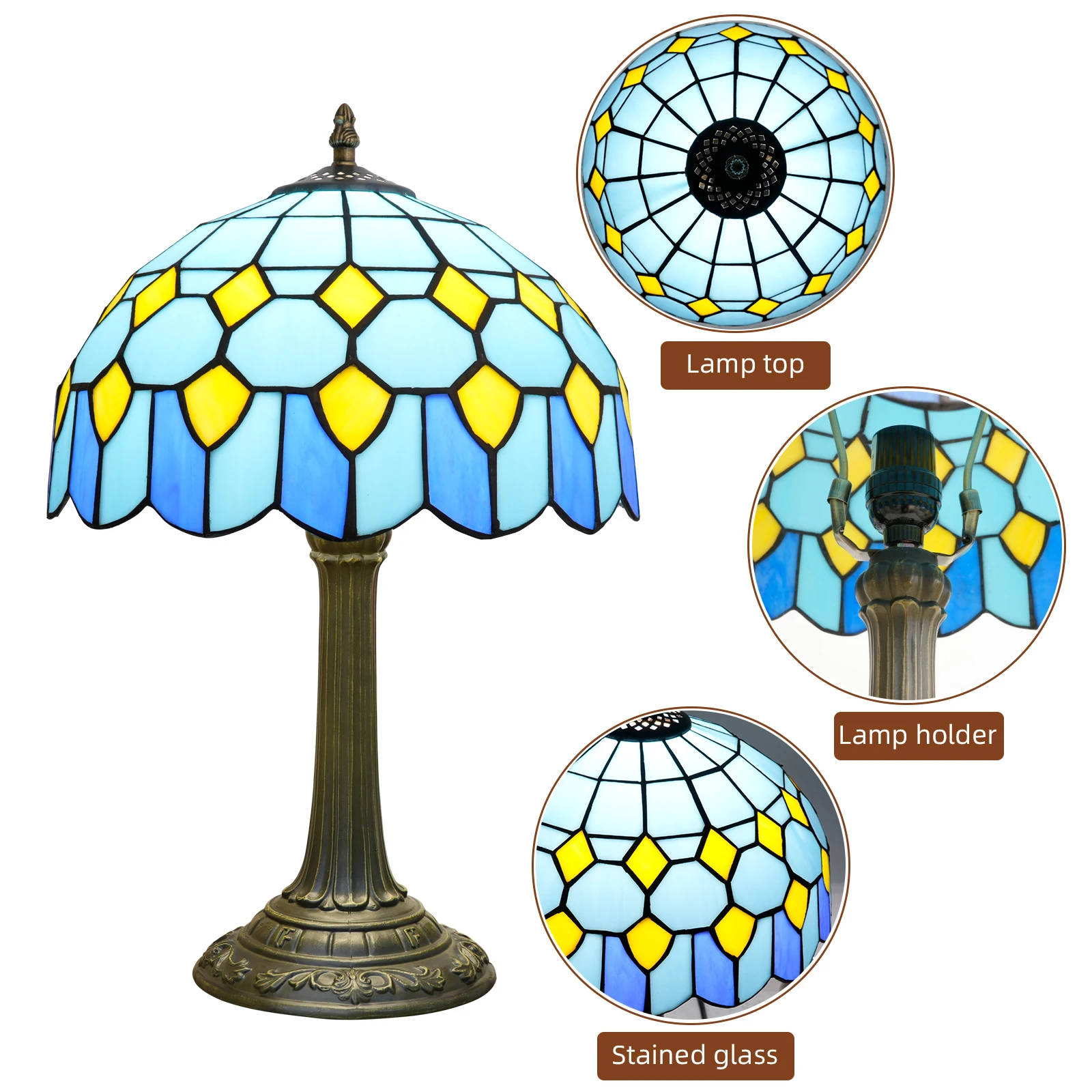 Blue Baroque Table Lamp Stained Glass Reading Desk Light for Bedroom Living Room, Handcrafted Artwork for Home Office