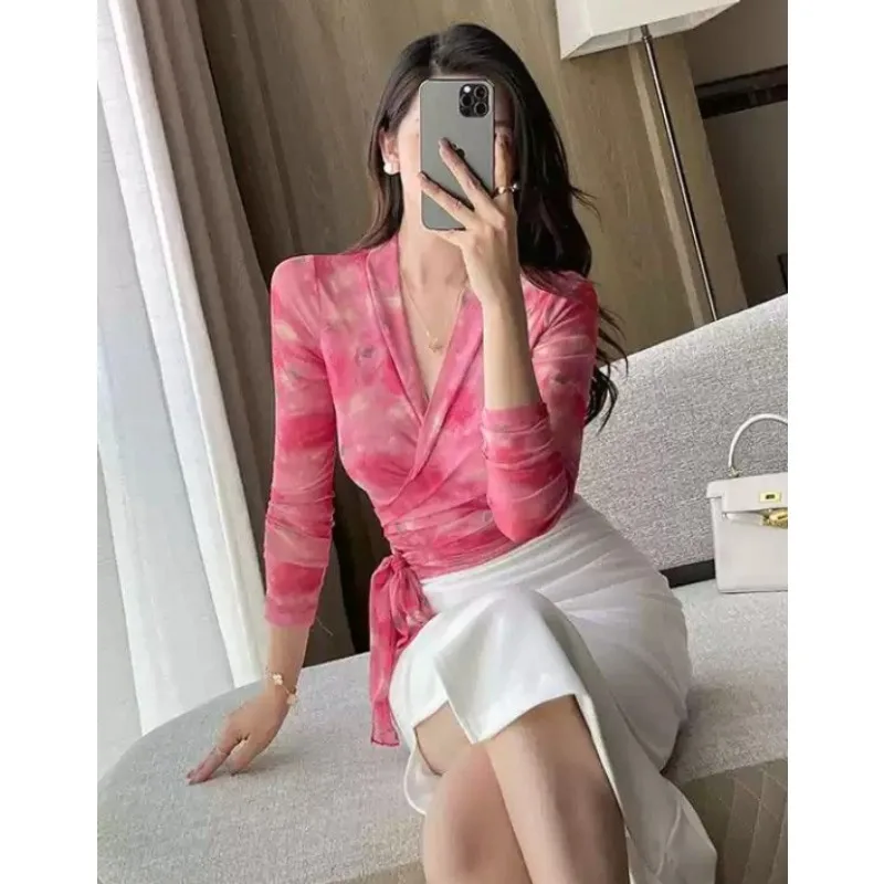 Autumn and Spring Charm Women's Sheer Mesh Printed V-Neck Long Sleeve Shirt with Cross Tie Waist Cinching Slim Fit Thin Style