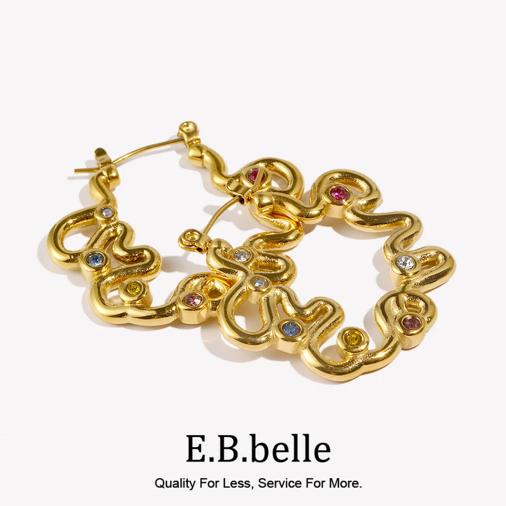 E.B.belle Fashion Colorful Rhinestone Abstract Twisted Lines Earrings Stainless Steel Round Hypoallergenic Women Ear Jewelry