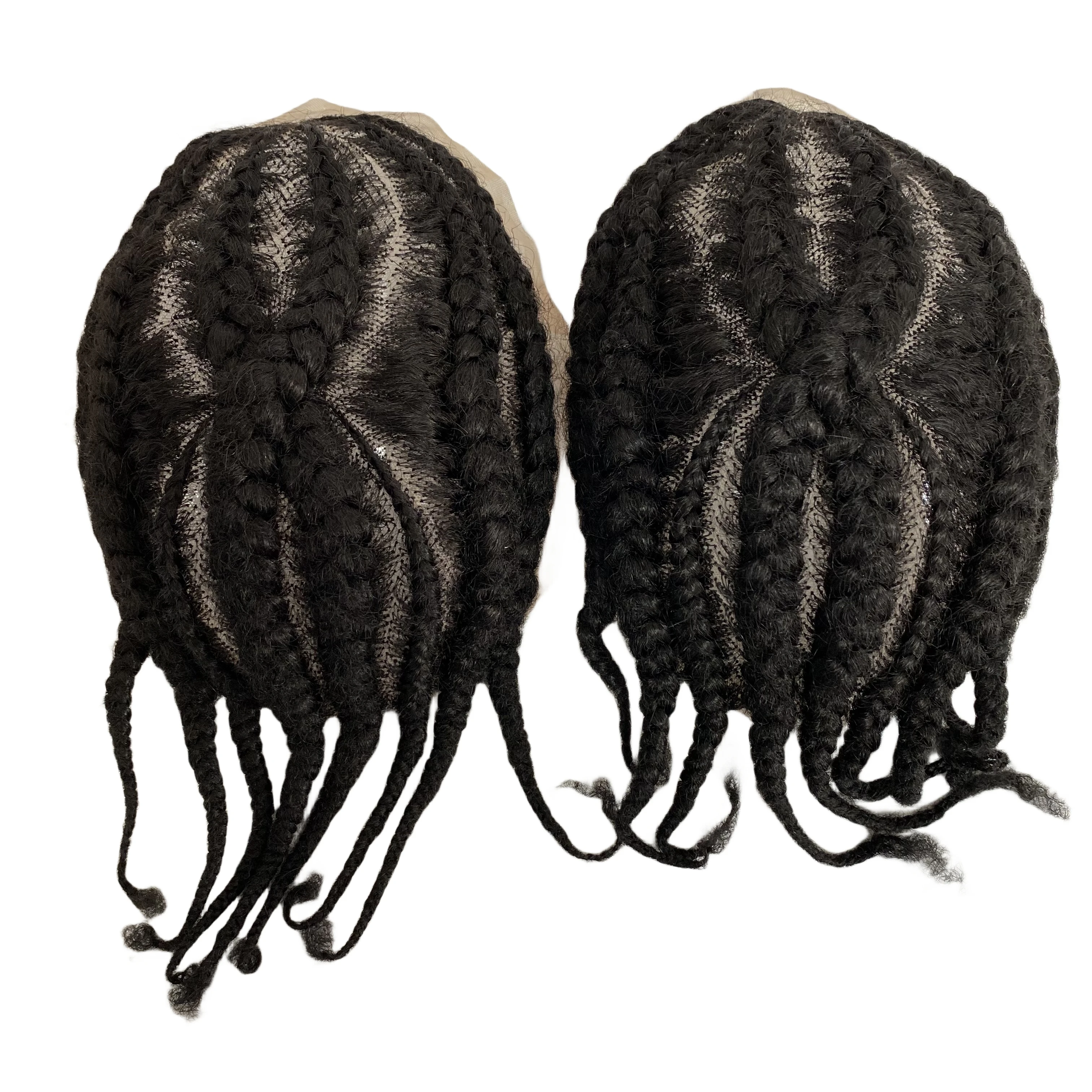 Postizo de cabello humano virgen chino N ° 8, raíz Afro, trenzas de maíz N ° 1, tupé de encaje completo negro azabache para Blackman