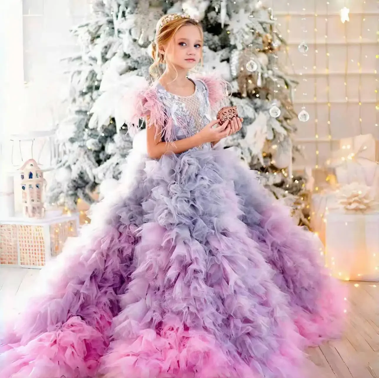 Luxury Quality Feathers Flower Girl Dress Beading Prom Ball Gown for Kids Princess Wedding Birthday Communion Party Gowns