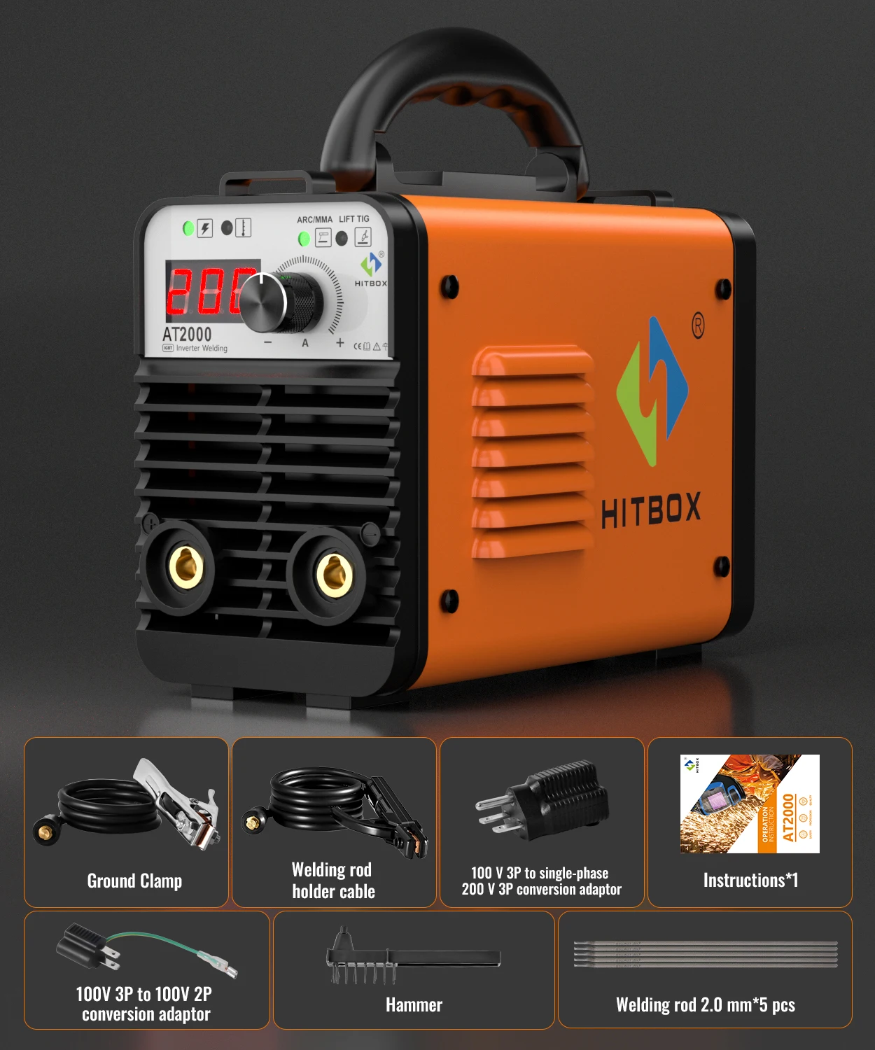 HITBOX 2 in 1 ARC Welder Machine AT2000 110/220V, Coated Arc Welding, LIFT TIG MMA Welding Machine LCD Display, Inverter DC