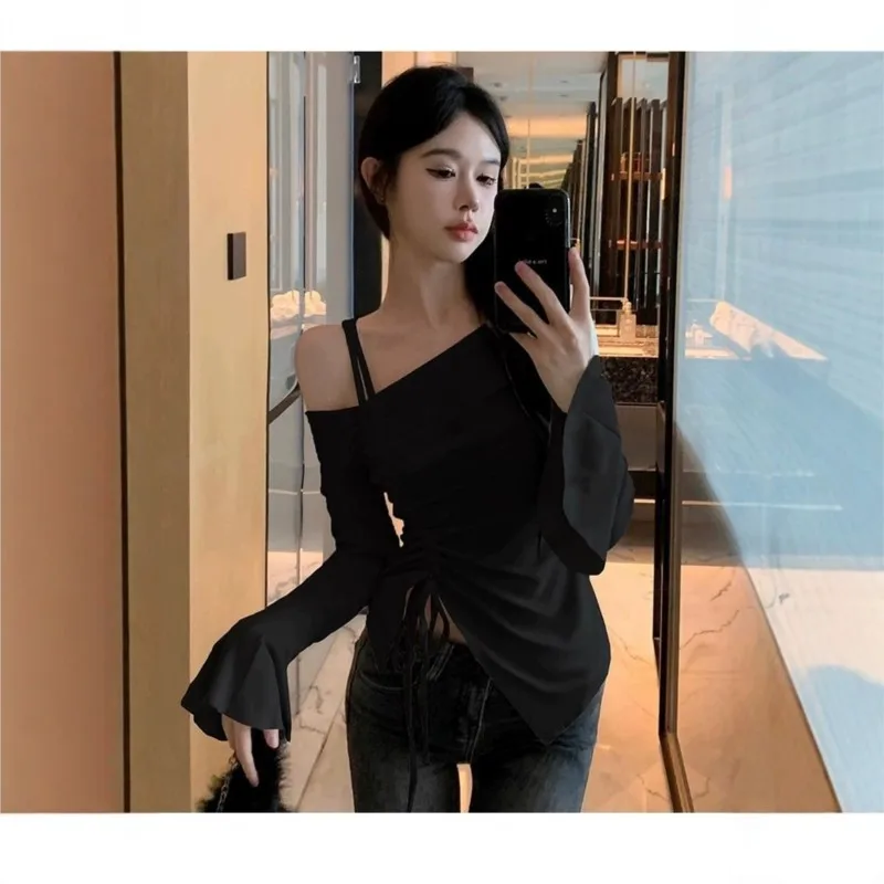 Pure Desire Style Irregular Fashion Hot Girl Tight Top For Women Lotus Leaf Sleeves Cinched Waist Off-the-shoulder Base Layer