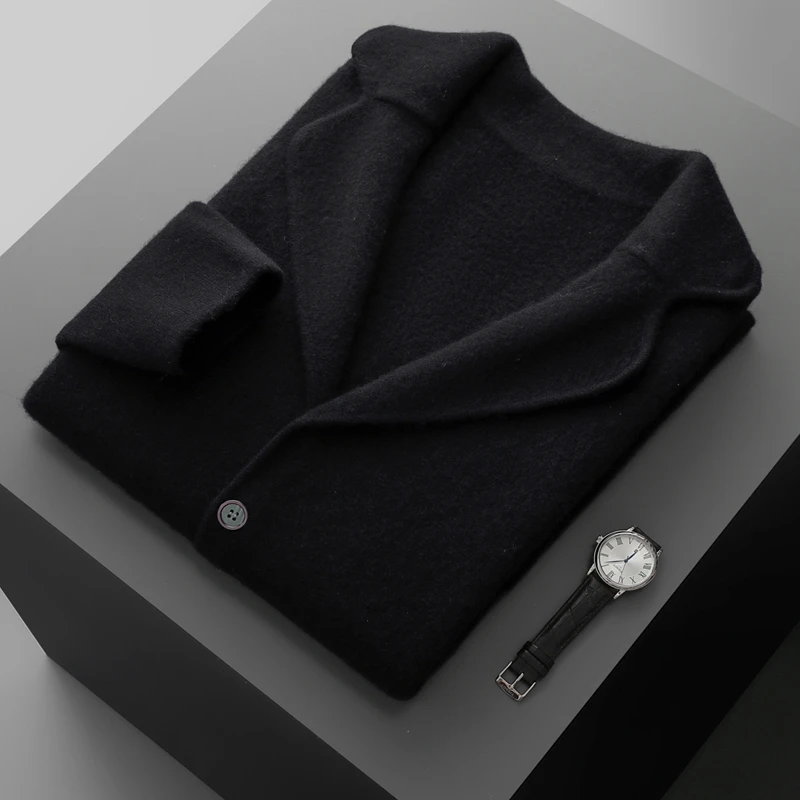 Autumn Winter New Air Layer 100% Pure Cashmere Cardigan Men's Suit Collar Buttoned Coat Business Casual Sweater Knitwear