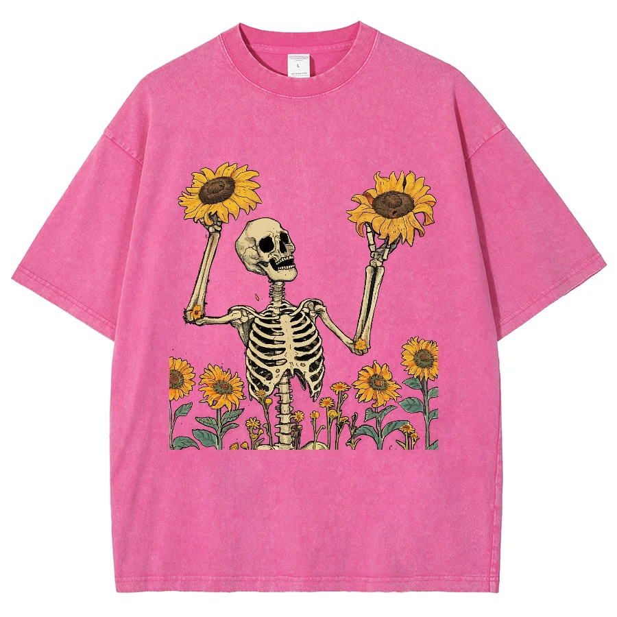 Skull Sunflower Print Fashion Design t-shirt Teen Student oversize allentato manica corta High Street Hip Hop Top estate 2024