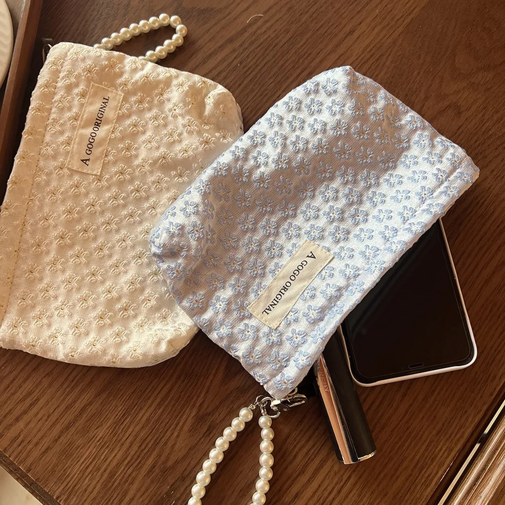 Embroidered Fabric Cosmetic Bag Imitation Pearl Zipper Bag Small Bag Feminine Pencil Case For Women Daily Shopping Commuting
