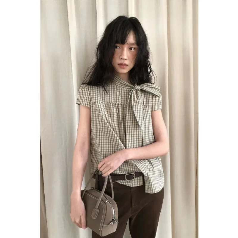

Women's 100% Cotton Gingham Check Blouse Bow Tie Neck Short Sleeve Casual Top